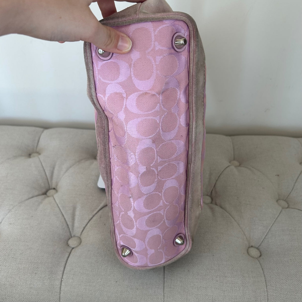 Coach Pink Signature Monogram & Suede Hampton Shoulder Bag H04M-6830