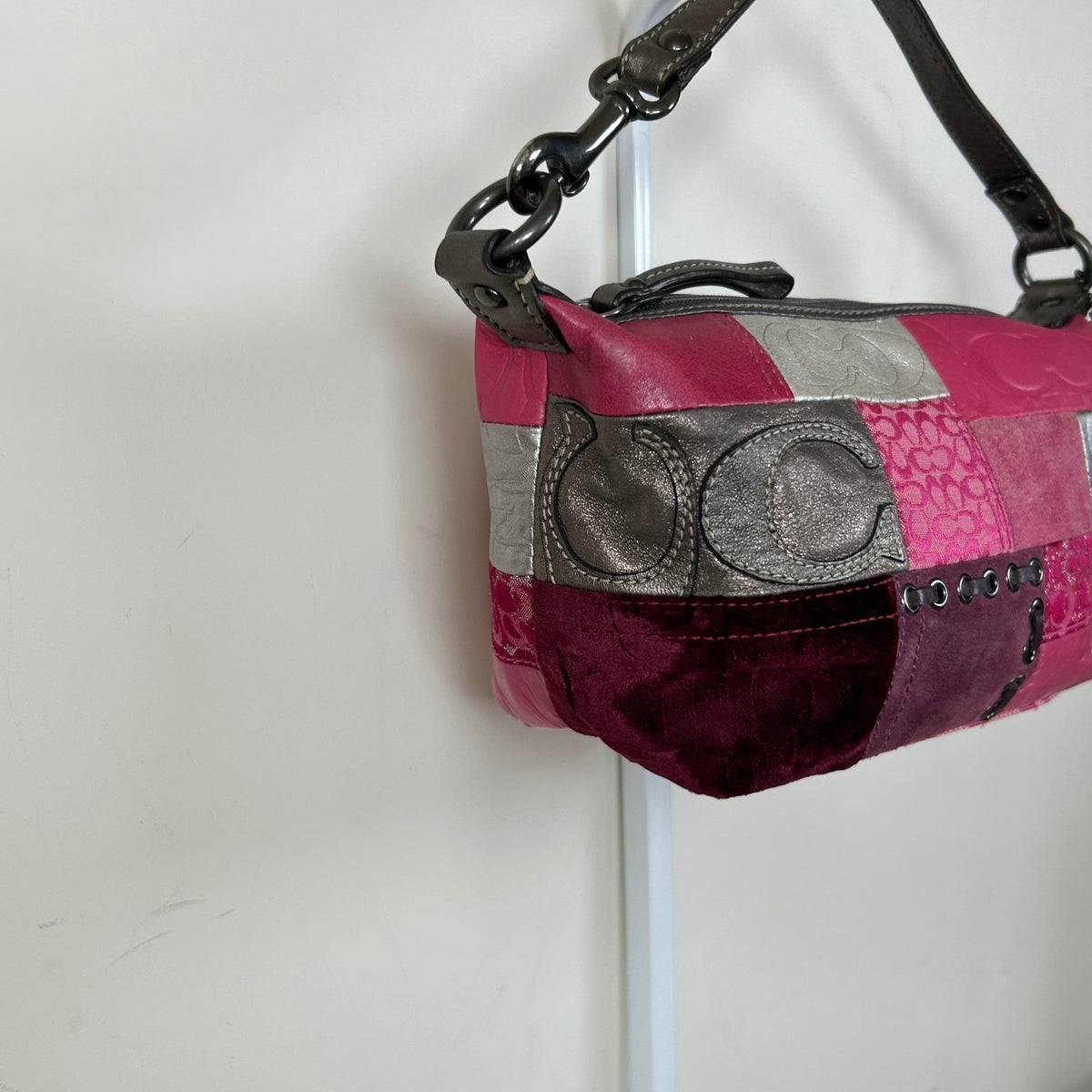 Rare Coach Pink Patchwork Mini Shoulder Bag Purse Pouch Silver Detail