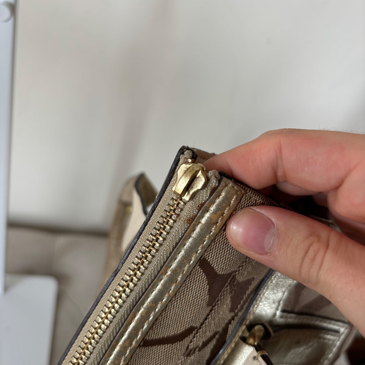 Coach Beige & Silver Monogram Hampton Shoulder Bag J0771-11620