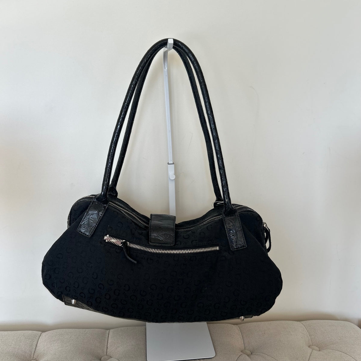 Guess Black Monogram Silver G Baguette Shoulder Bag BNWT