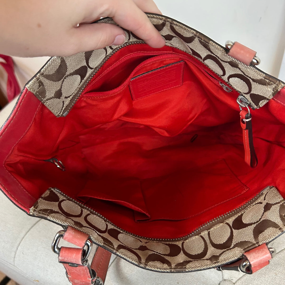 Coach Brown Signature Monogram Tote Shoulder Bag Coral Leather Trim K0849-F13077