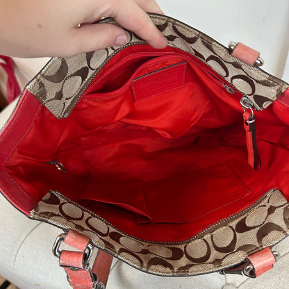 Coach Brown Signature Monogram Tote Shoulder Bag Coral Leather Trim K0849-F13077