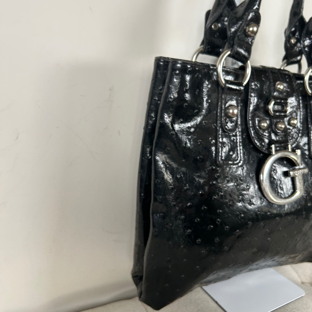 Guess Black Patent Leather Handbag Tote Silver G