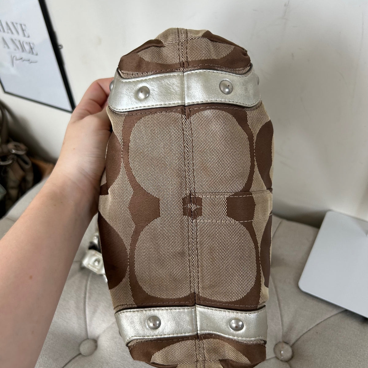 Coach Beige Carly Shoulder Bag with Silver Straps B0826-10619