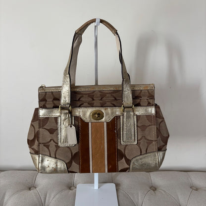 Coach Beige & Silver Monogram Hampton Shoulder Bag J0771-11620