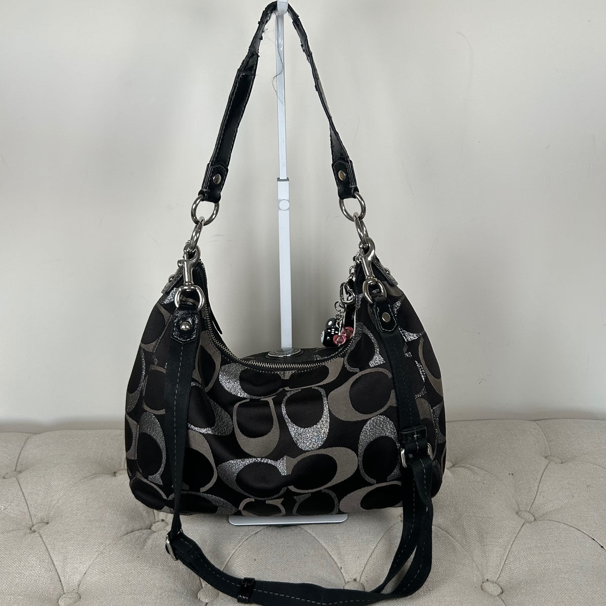 Coach Black and Silver Signature Monogram Convertible Hobo Shoulder Bag H1280-F20428