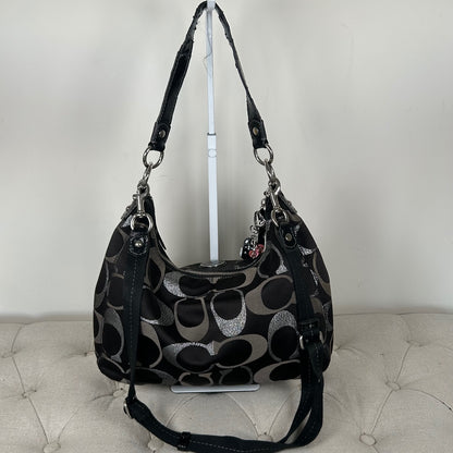 Coach Black and Silver Signature Monogram Convertible Hobo Shoulder Bag H1280-F20428