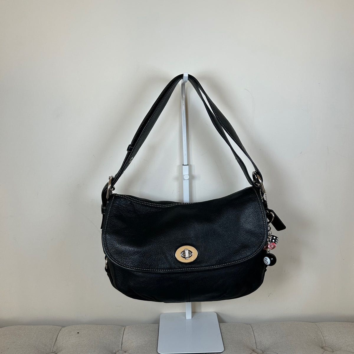 Coach Black Pebbled Leather Shoulder Bag Silver Turnlock C1069-F15065