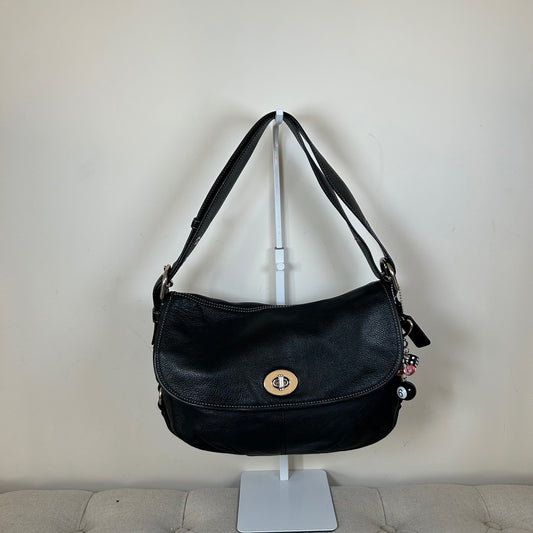 Coach Black Pebbled Leather Shoulder Bag Silver Turnlock C1069-F15065