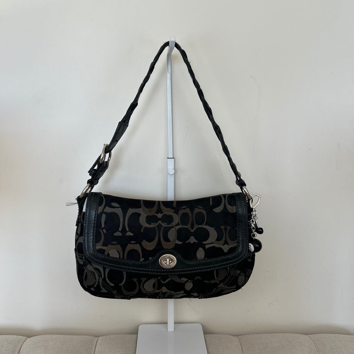 Coach Black Grey Signature Monogram Turnlock Shoulder Bag C0769-10993