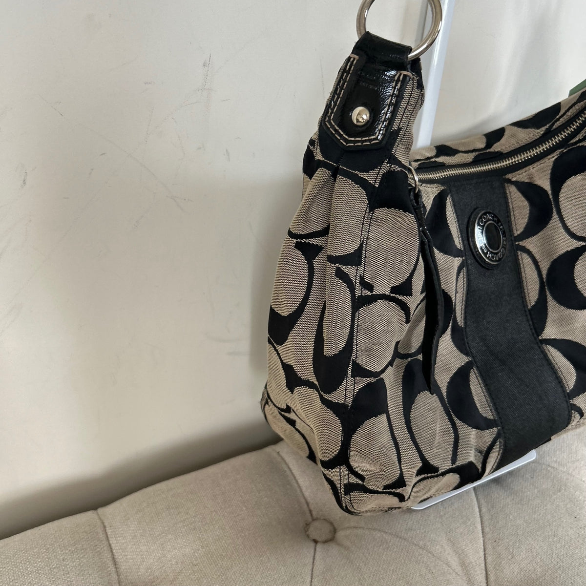 Coach Black Signature Stripe Monogram Hobo Shoulder Bag H1261-F19281