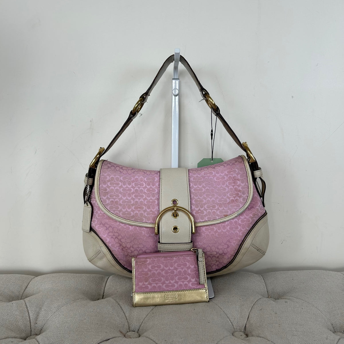 RARE Large Coach Baby Pink Monogram Soho Shoulder Bag with White Leather Trim with Purse H04J-1456