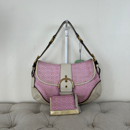 RARE Large Coach Baby Pink Monogram Soho Shoulder Bag with White Leather Trim with Purse H04J-1456