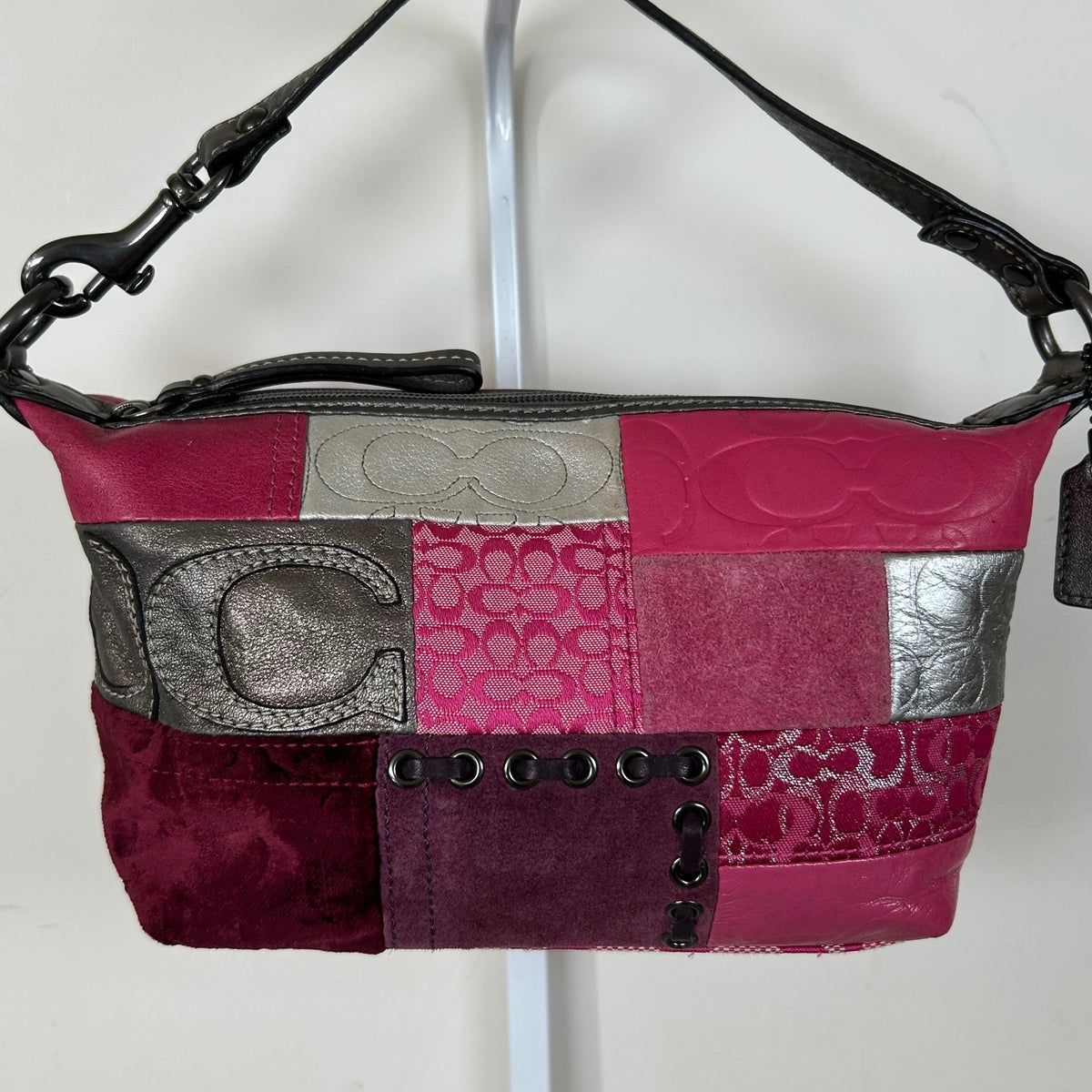 Rare Coach Pink Patchwork Mini Shoulder Bag Purse Pouch Silver Detail