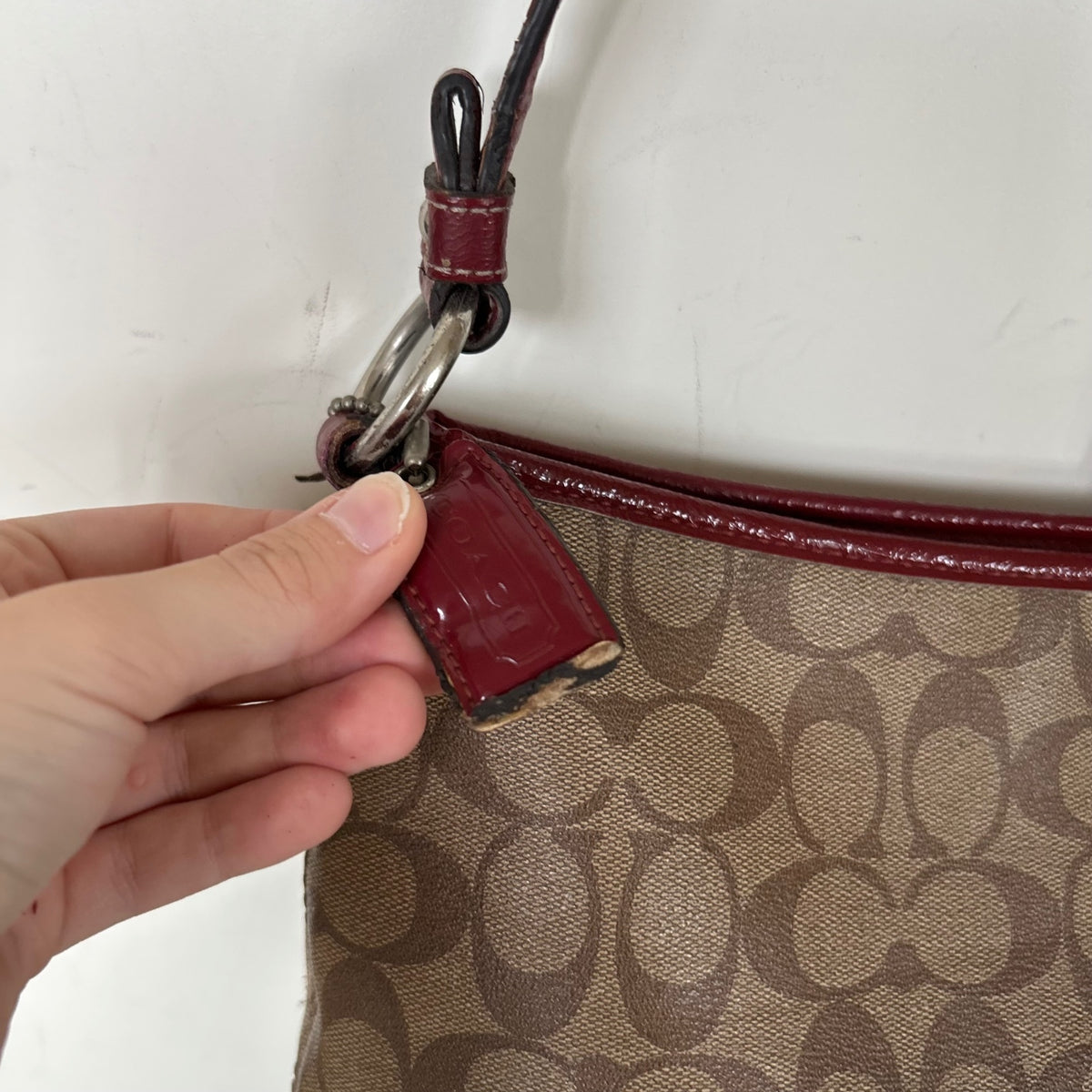 Coach Brown Patent Leather Red Detail One Strap Shoulder Bag H1276-F19823
