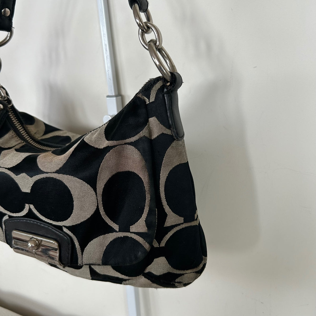 Coach Black Signature Monogram Mini Shoulder Bag Silver Clasp Front B1357-F22302