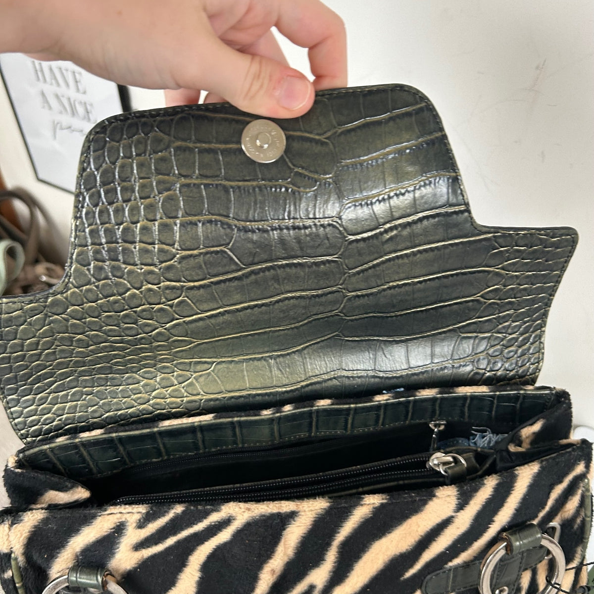 RARE Guess Tiger Print Fur and Green Snakeskin Handbag