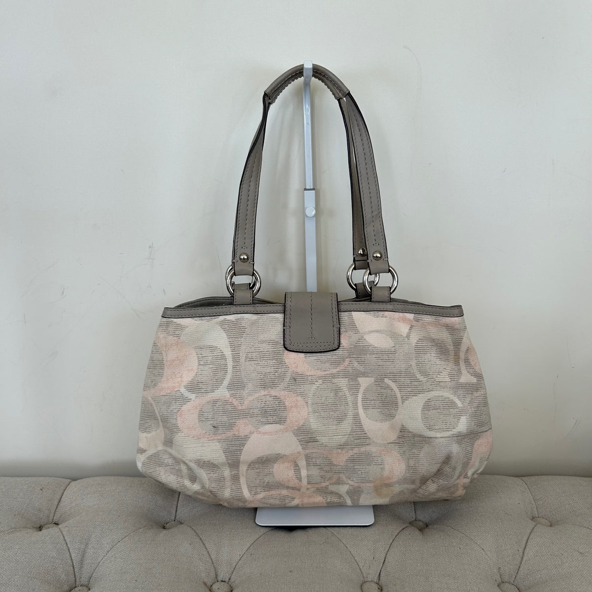 Coach Grey & Pink Canvas 3 Compartment Buckle Front Shoulder Bag C1220-F19205