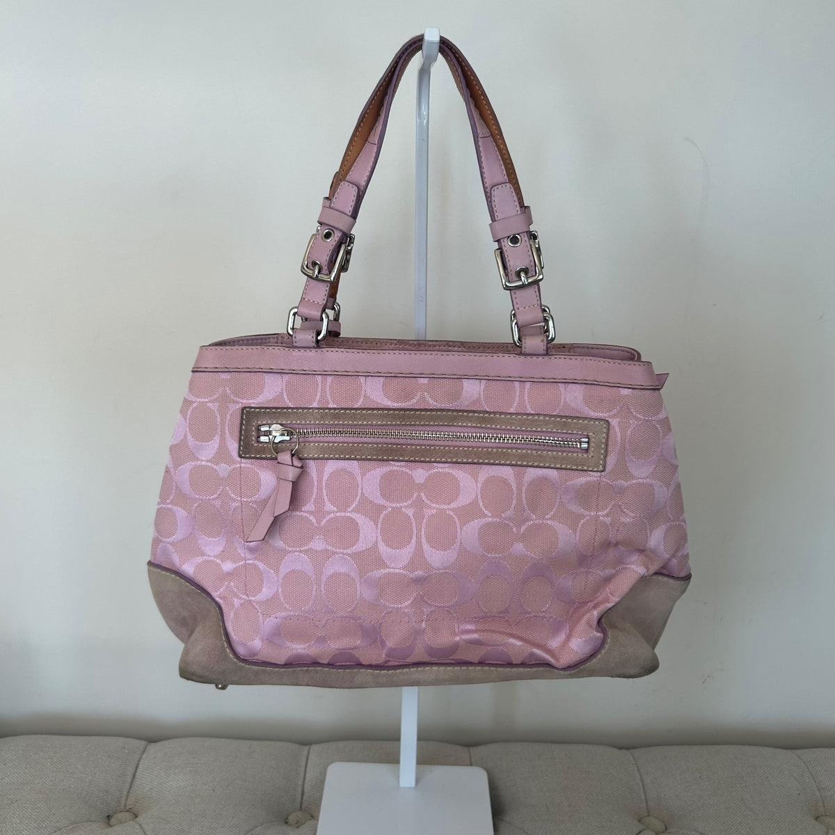 Coach Pink Signature Monogram & Suede Hampton Shoulder Bag H04M-6830