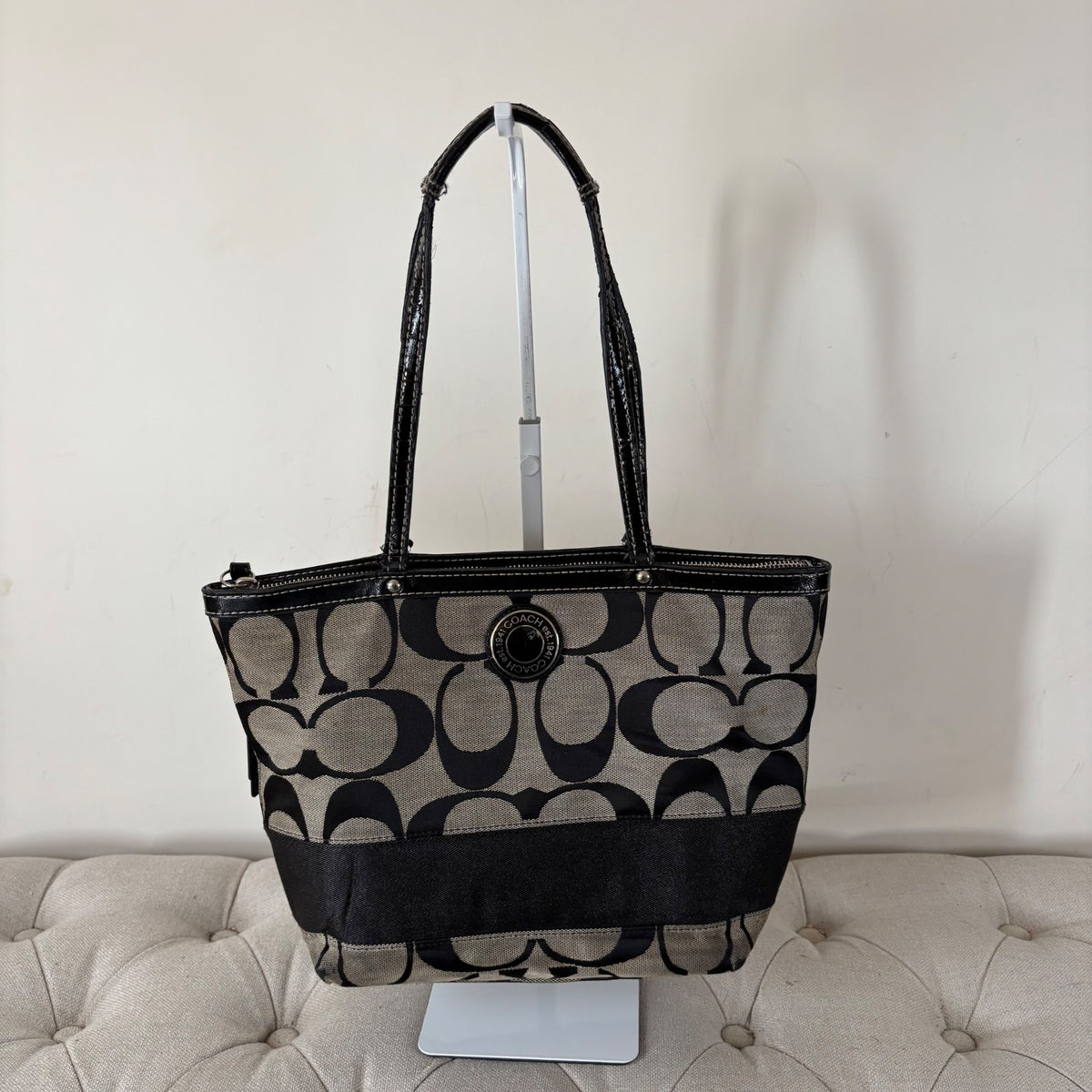 Coach Black Signature Stripe Monogram Tote Shoulder Bag D1276-F19046