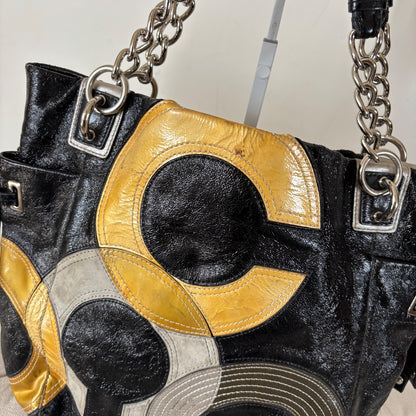 Coach Black Leather Tote Shoulder Bag with Yellow C Monogram J0993-14516