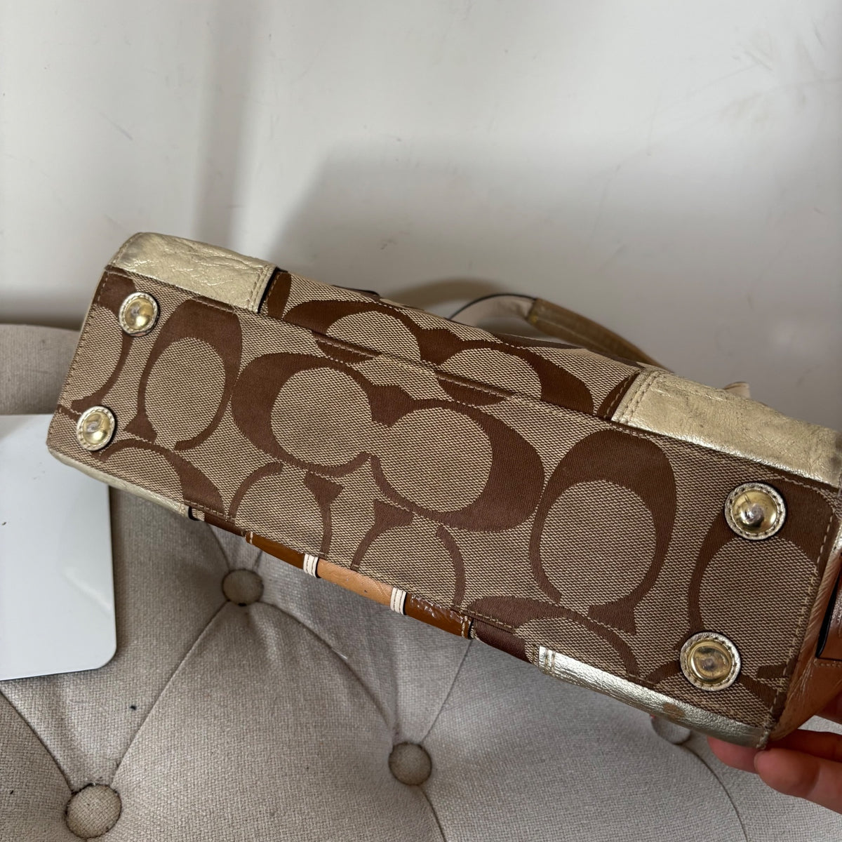 Coach Beige & Silver Monogram Hampton Shoulder Bag J0771-11620