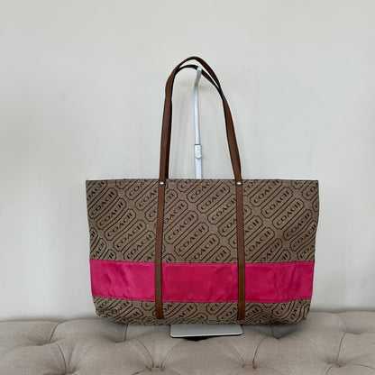 Coach Brown Pink Stripe Canvas Tote Shoulder Bag H0849-F12258