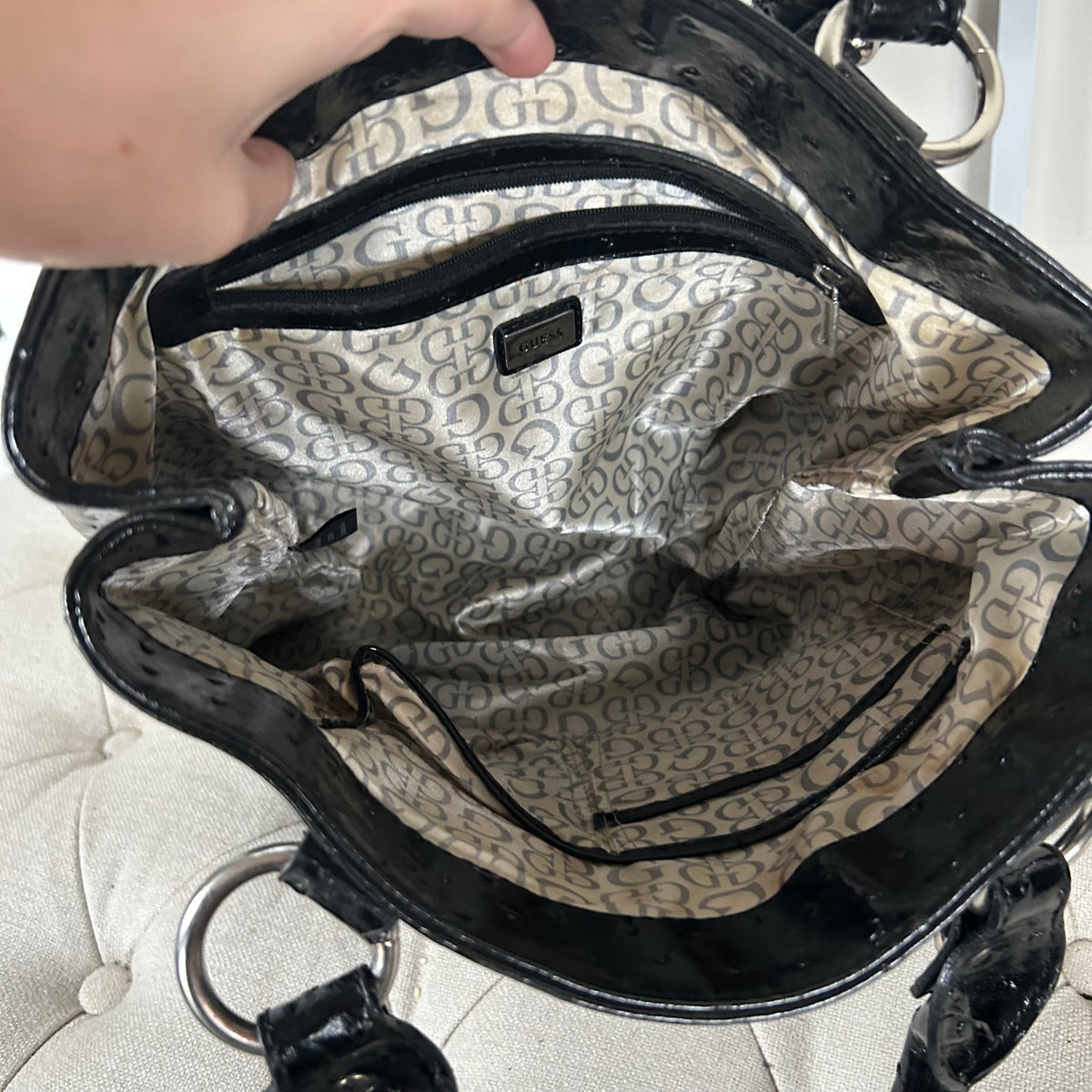 Guess Black Patent Leather Handbag Tote Silver G