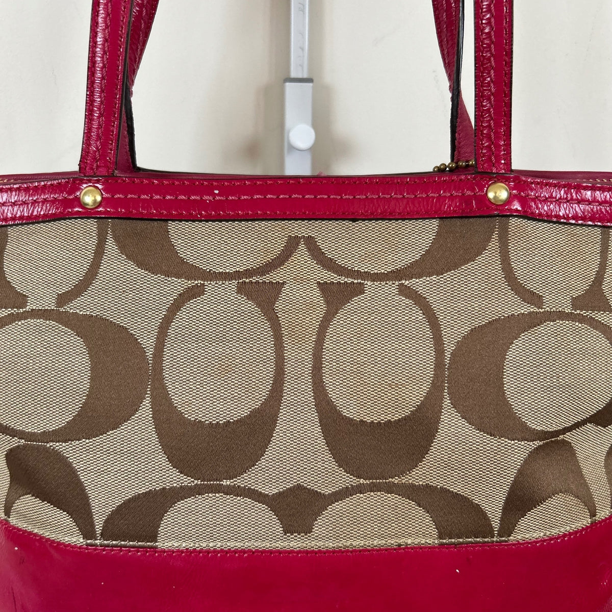 Coach Brown Signature Monogram Patent Pink Stripe Tote Shoulder Bag D0868-12429