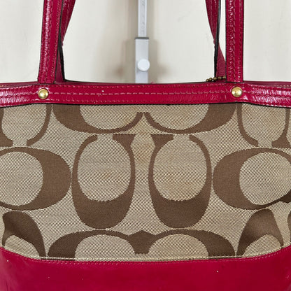 Coach Brown Signature Monogram Patent Pink Stripe Tote Shoulder Bag D0868-12429