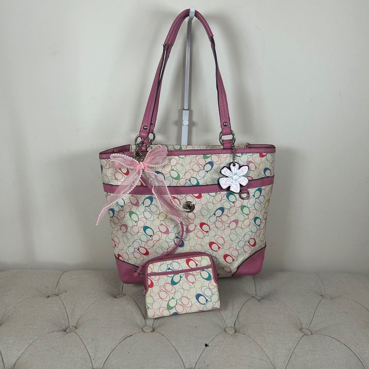 Coach Leather Colourful Tote Shoulder Bag with Charms & Purse Pink M1075-F16874