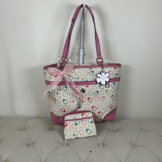 Coach Leather Colourful Tote Shoulder Bag with Charms & Purse Pink M1075-F16874