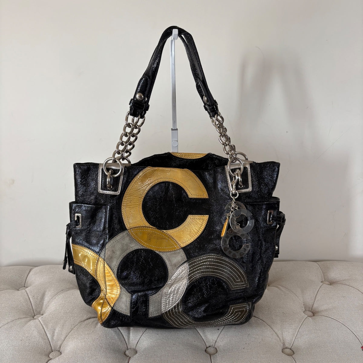 Coach Black Leather Tote Shoulder Bag with Yellow C Monogram J0993-14516
