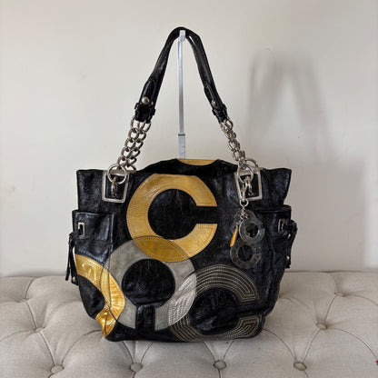 Coach Black Leather Tote Shoulder Bag with Yellow C Monogram J0993-14516
