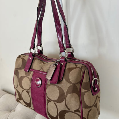 Coach Brown Signature Monogram Pink Stripe Convertible Satchel Shoulder Bag F1380-F24364