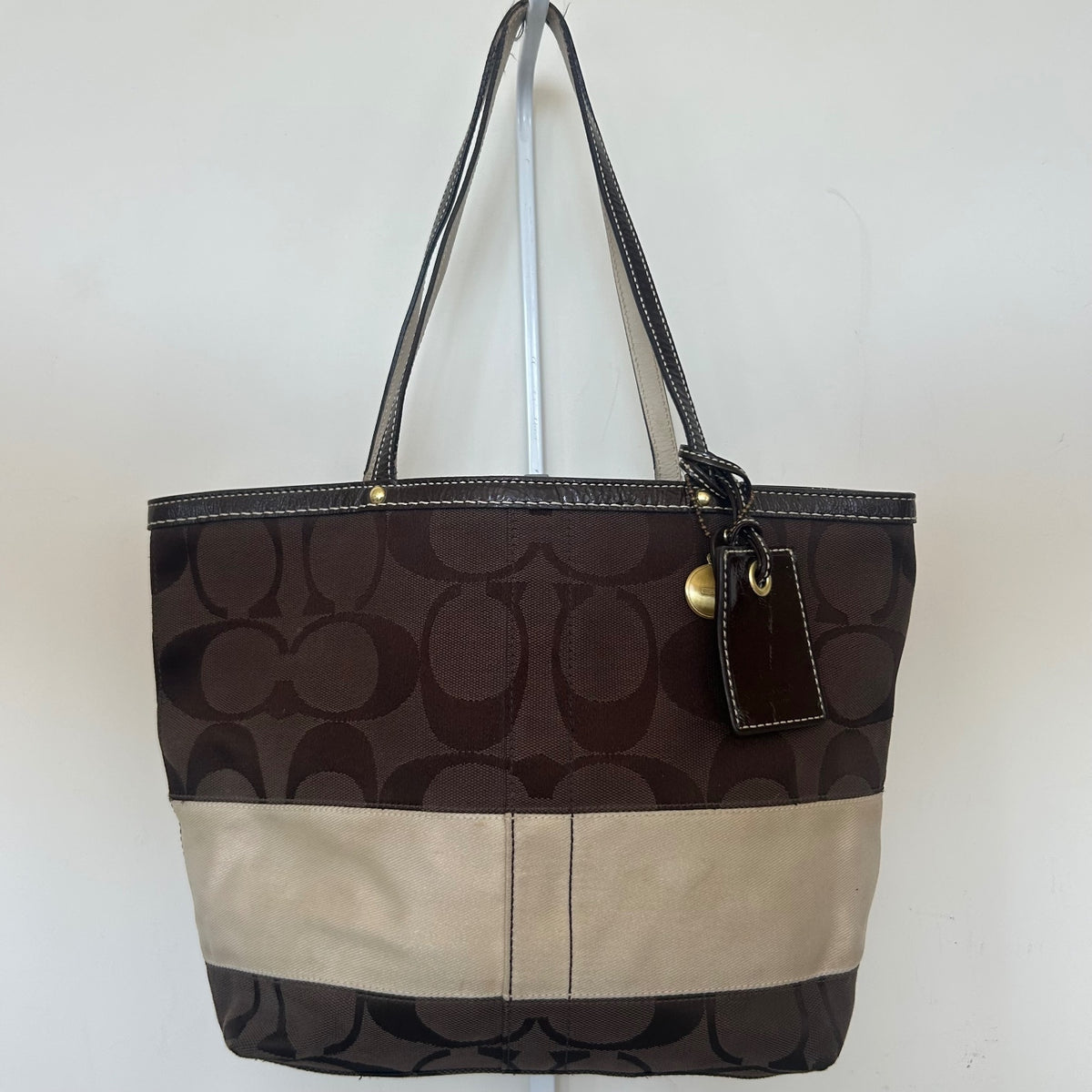 Coach Chocolate Brown Signature Monogram Stripe Tote Bag A0768-10124