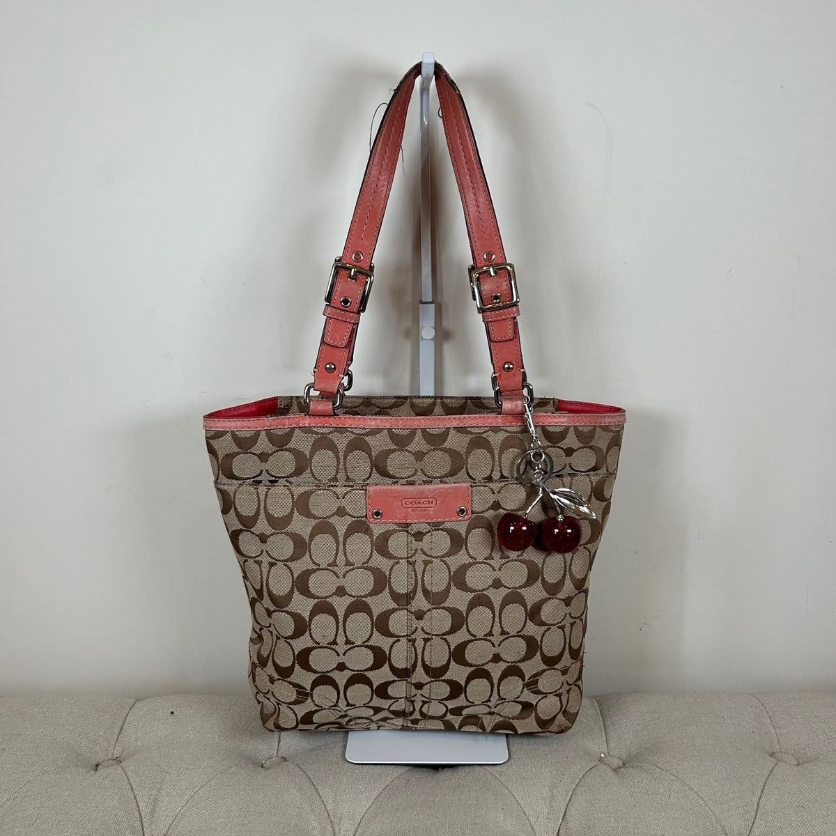 Coach Brown Signature Monogram Tote Shoulder Bag Coral Leather Trim K0849-F13077
