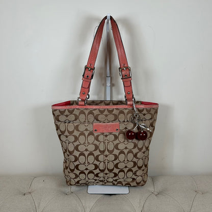 Coach Brown Signature Monogram Tote Shoulder Bag Coral Leather Trim K0849-F13077