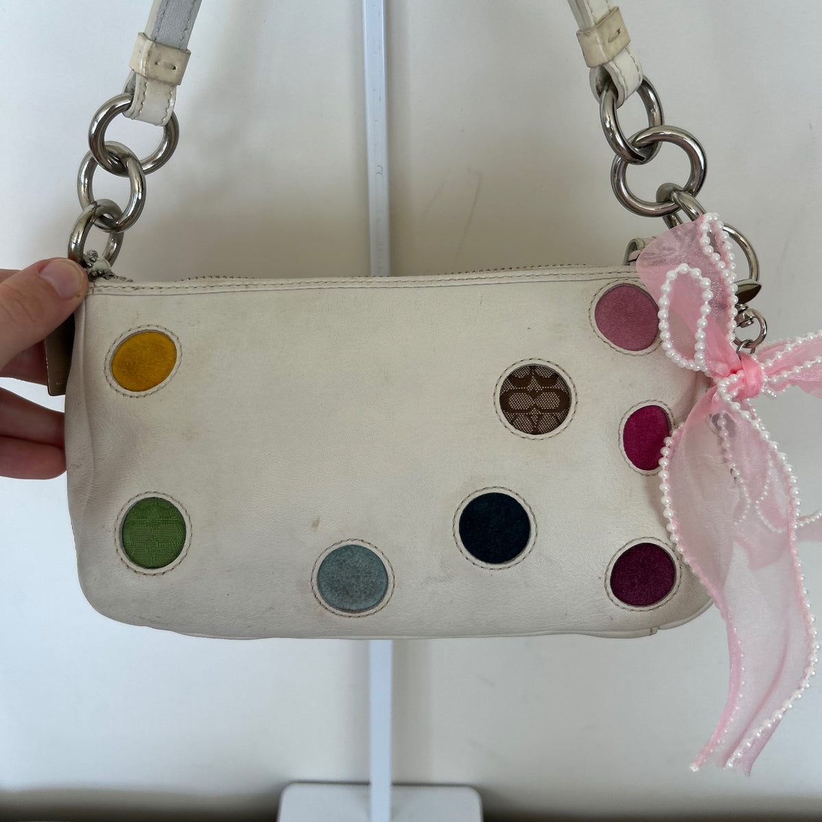 2004 Vintage Coach Polka Dot Demi White Leather Shoulder Bag J04Q-3677