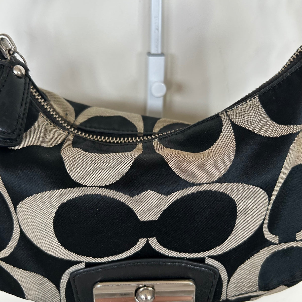 Coach Black Signature Monogram Mini Shoulder Bag Silver Clasp Front B1357-F22302