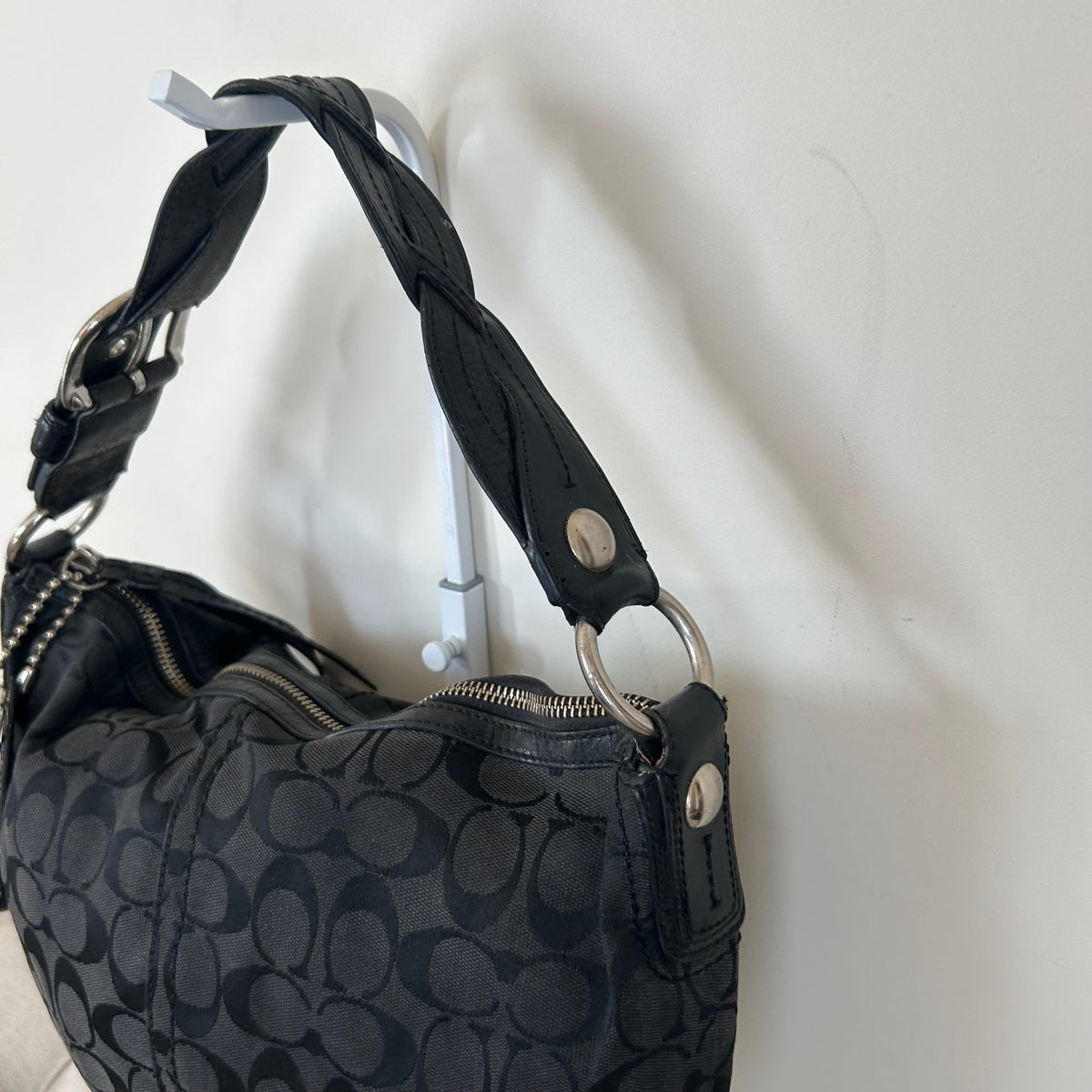 Coach Black Monogram Hobo Shoulder Bag with Plait Strap M0782-11858