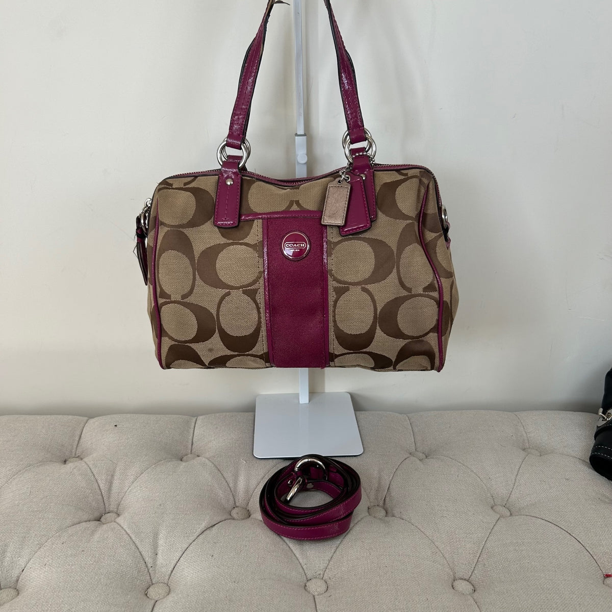 Coach Brown Signature Monogram Pink Stripe Convertible Satchel Shoulder Bag F1380-F24364