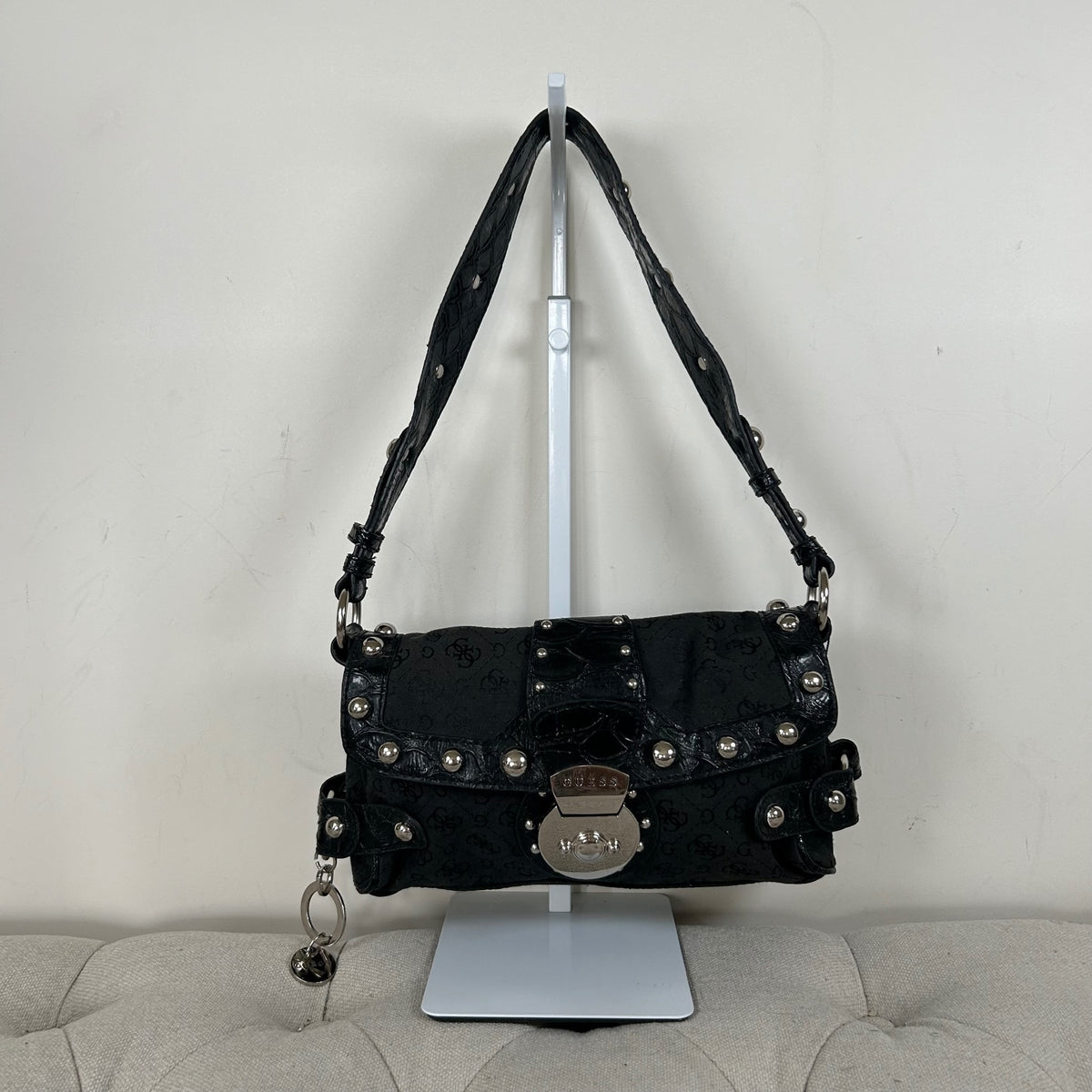 Guess Black Monogram Studded Mini Shoulder Bag
