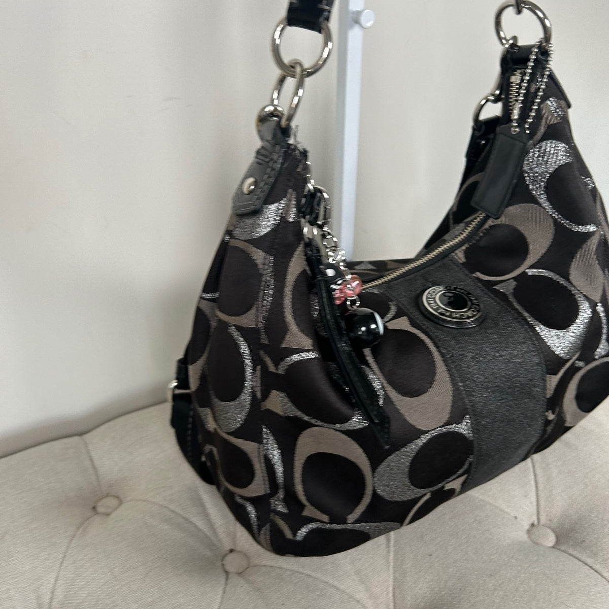 Coach Black and Silver Signature Monogram Convertible Hobo Shoulder Bag H1280-F20428