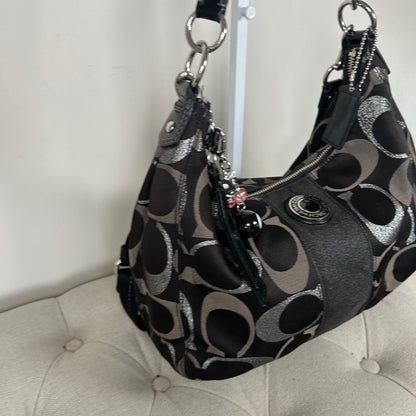 Coach Black and Silver Signature Monogram Convertible Hobo Shoulder Bag H1280-F20428