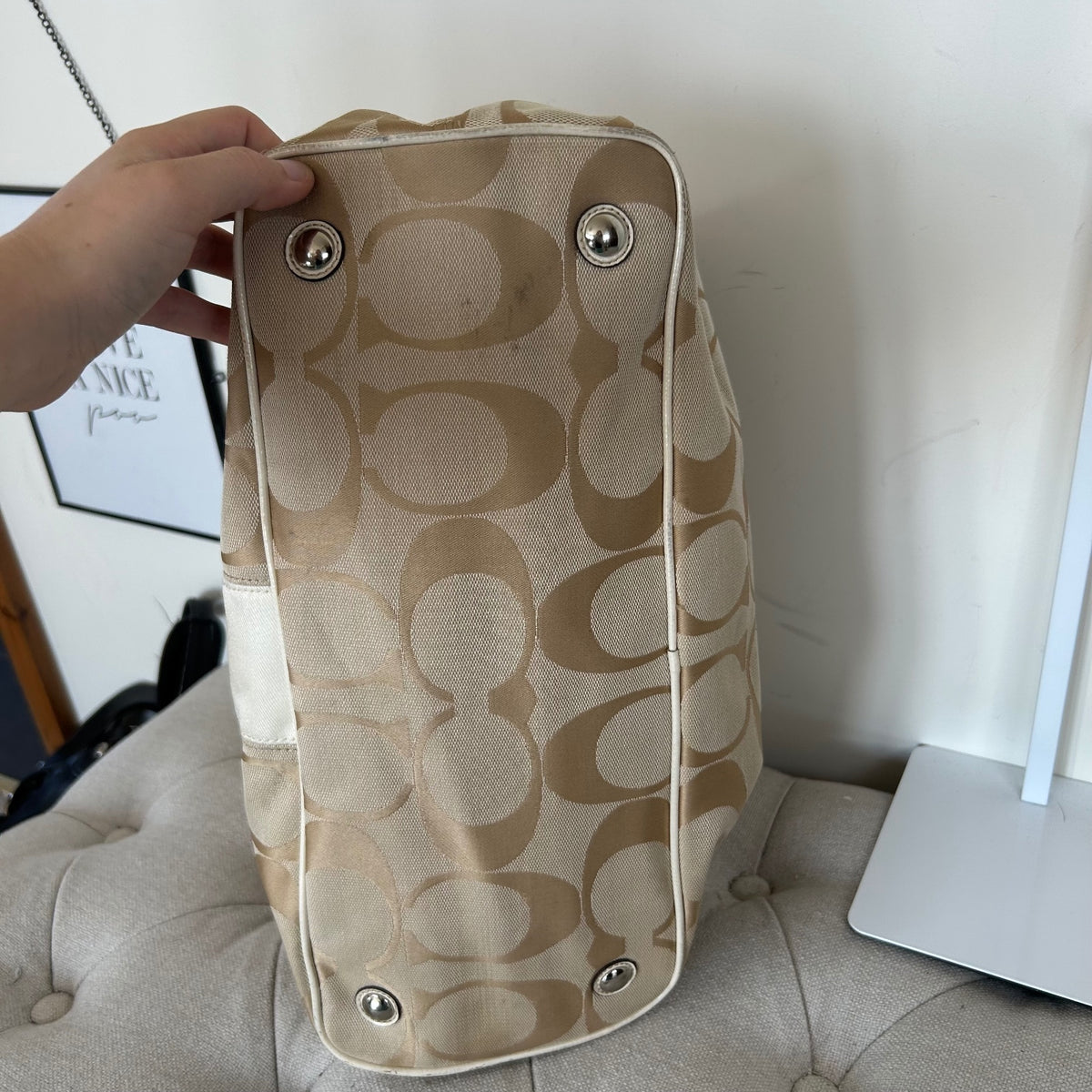 Coach Beige Monogram Kisslock 3 Compartment Shoulder Bag B1273-F19190