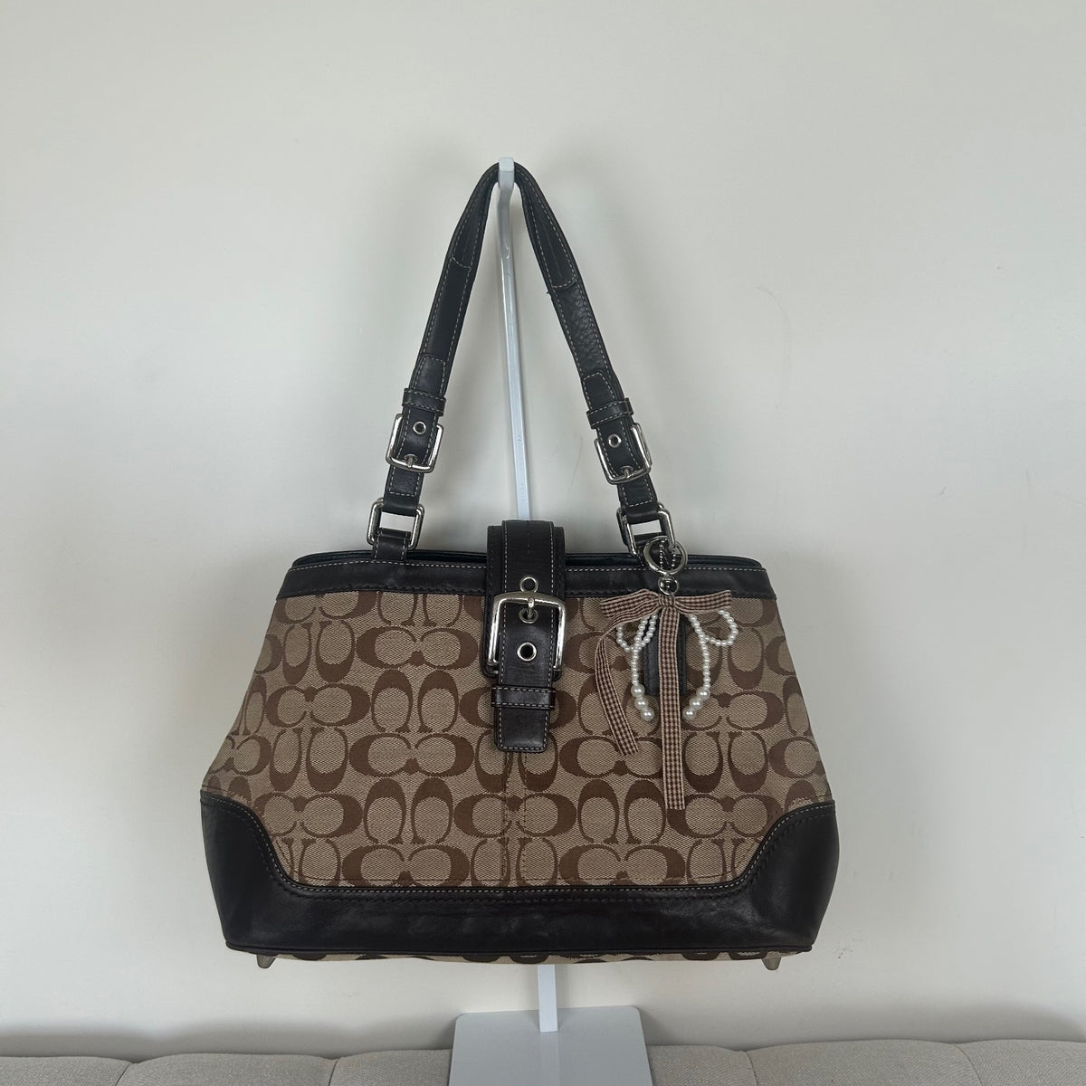 Coach Monogram Brown Hampton Silver Buckle Front Shoulder Bag E0851-F12642
