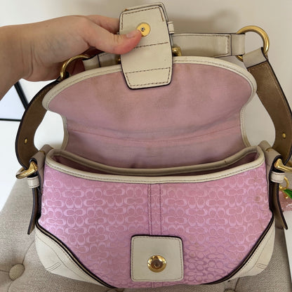 RARE Coach Soho Baby Pink Signature Monogram White Leather Shoulder Bag H04J-1457