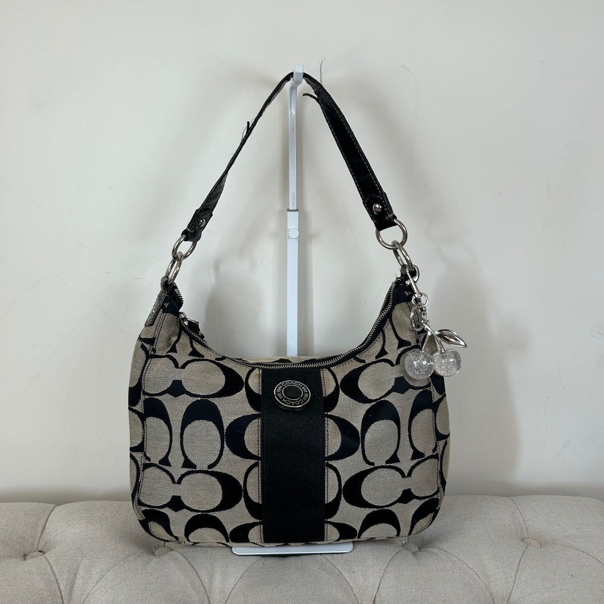 Coach Black Large Signature Stripe Hobo Shoulder Bag A1261-F19281