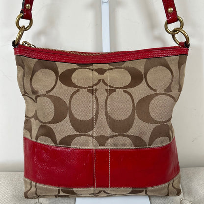 Coach Beige Signature Tote Shoulder Bag with Patent Red Stripe F0826-12825
